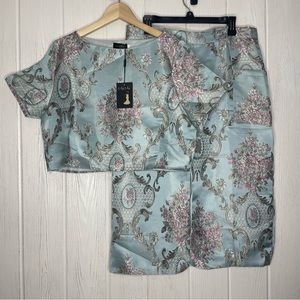 NaNa Brocade 2 Piece Dress Set Blue Pink Silver Cropped Top Midi Skirt NWT